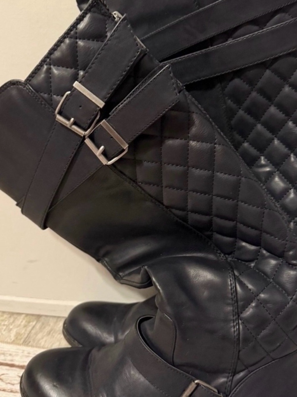 Madden Girl Calinda Quilted Black Leather Knee Boots with Buckle Detail